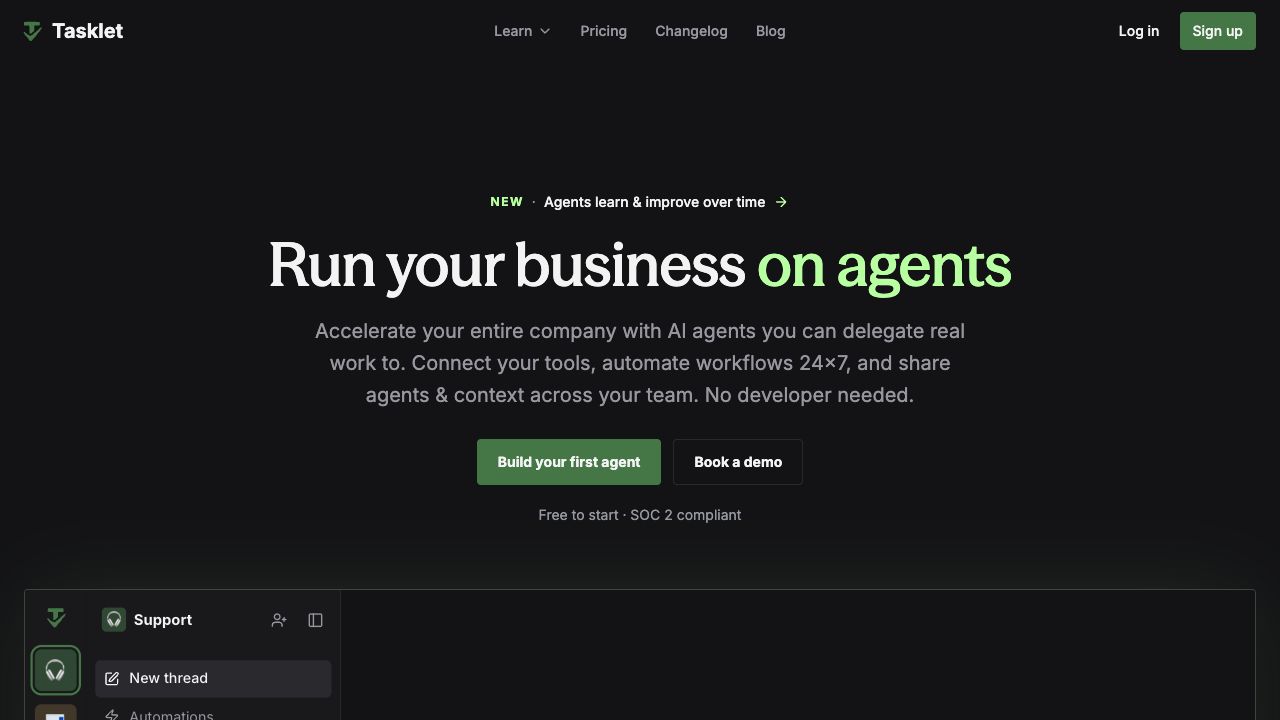 Original Tasklet homepage hero with an agents headline and Support demo