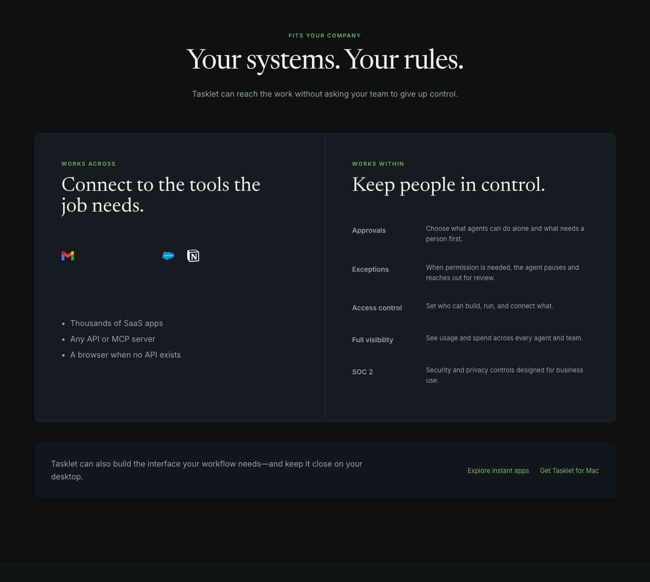 Redesign concept grouping integrations and controls under Your systems. Your rules.